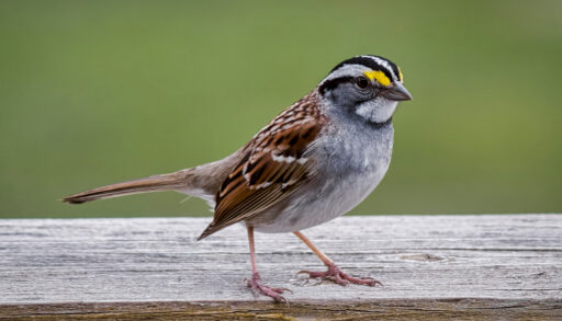 Close-up of a white-throated sparrow perched on a wooden fence.