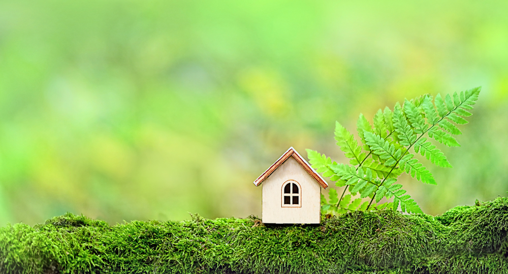 Miniature wooden house on a log next to a green leaf with a green forest in the background.