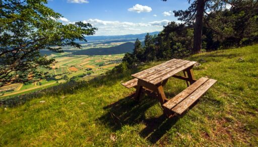 Picnic table on a hill overlooking a field.