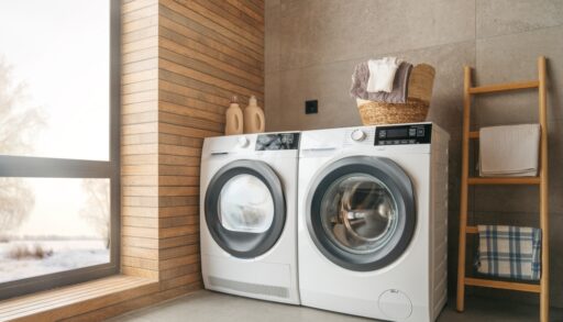 Interior of a laundry room with wood slats on one wall and white washer and dryer.