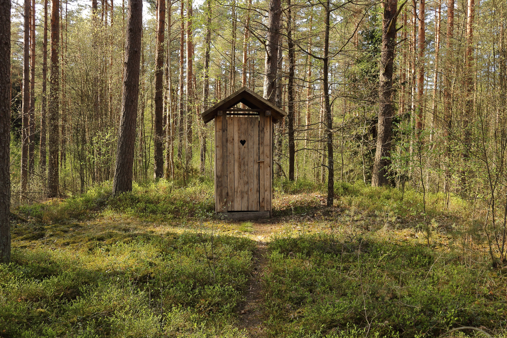 Wooden outhouse in the middle of the woods.