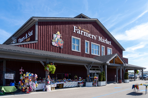 Red building of St. Jacobs Farmers' Market in St. Jacobs, Ontario.