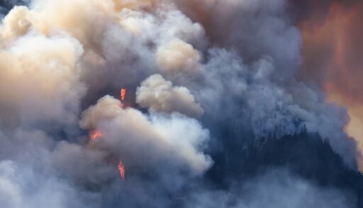 Close-up of smoke plumes from a wildfire near Hope, British Columbia.