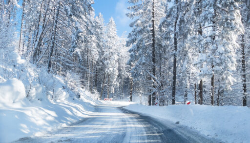 Snow-covered winter road in a forest.