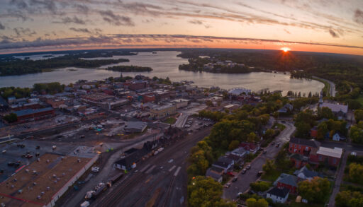 Aerial view of Kenora, Ontario at sunset.