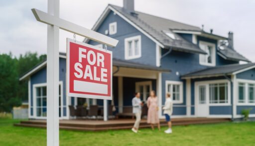 Red "For Sale" sign in front of a blue house.