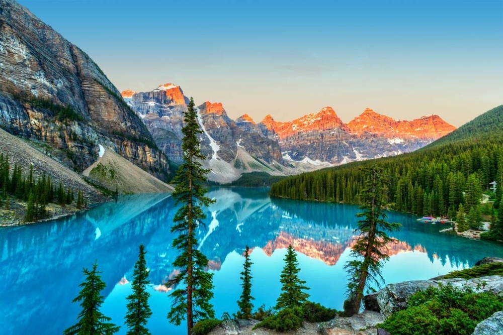 Golden sunrise over the Valley of the Ten Peaks in Banff National Park, Alberta.