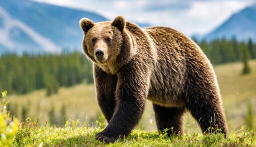 Close-up of a grizzly bear walking in a meadow near mountains.
