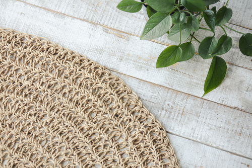 Close-up of a tan-coloured braided rug next to a green plant.