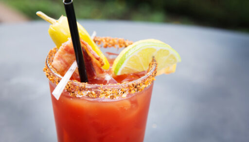 Close-up of a Caesar harnished with a lemon and lime.