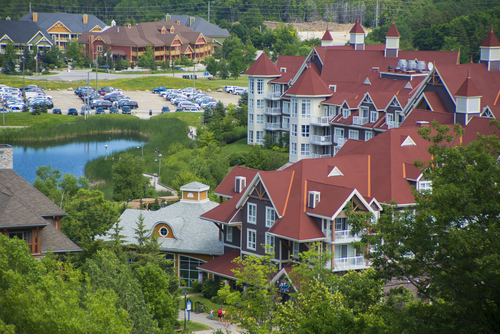 Aerial view of the Blue Mountain Resort village in Collingwood, Ontario.