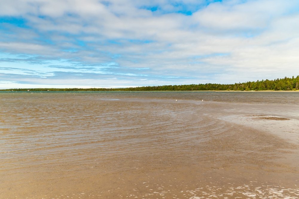 Sandy beach and clear waters of Lake Huron, Ontario.