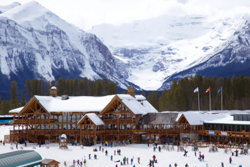 The Lake Louise Ski Resort surrounded by mountains in Alberta.