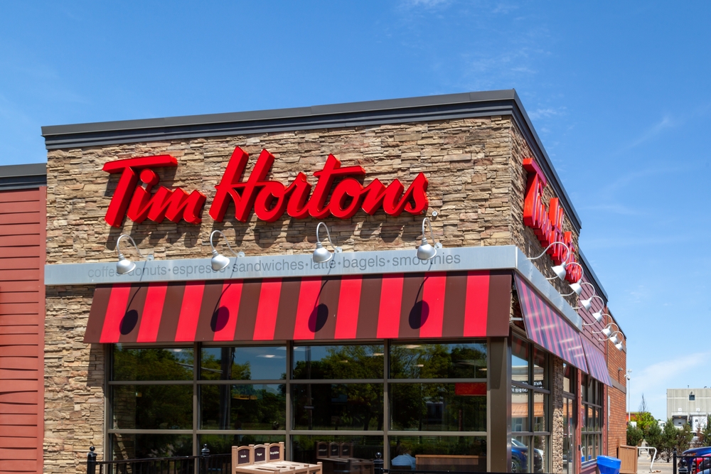 Close-up of the Tim Hortons logo on a location in Toronto, Ontario.