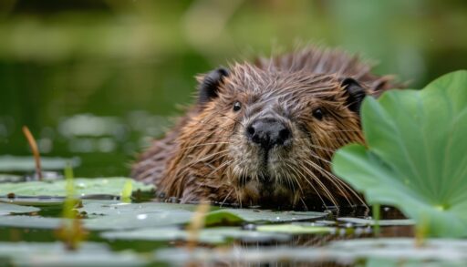 Close-up of a beaver in a pond next to a green leaf.
