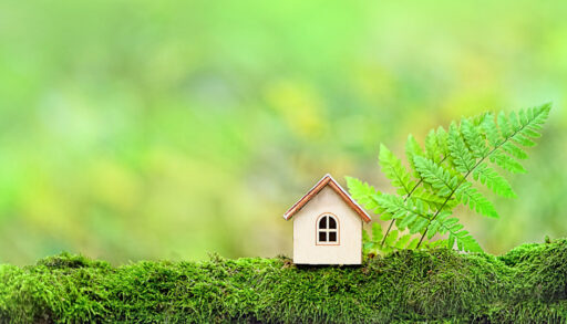 Small toy house sitting on a mossy tree branch with a green leaf next to it.