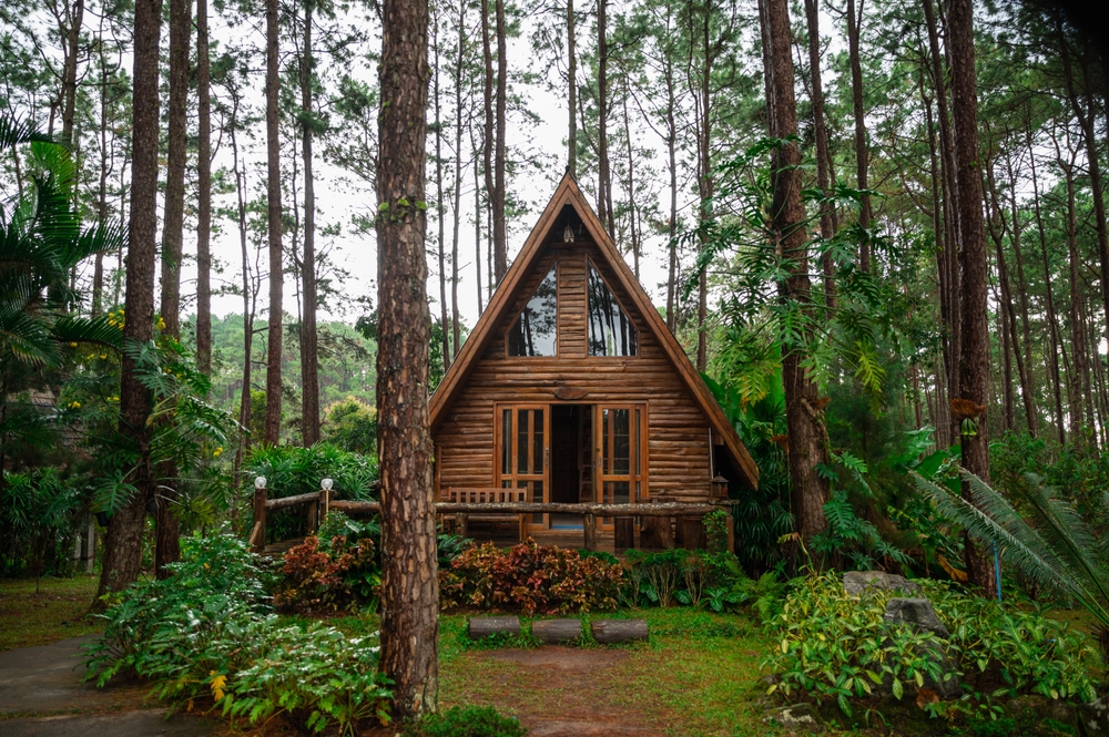 Triangle wood cabin in the forest in the rainy season.