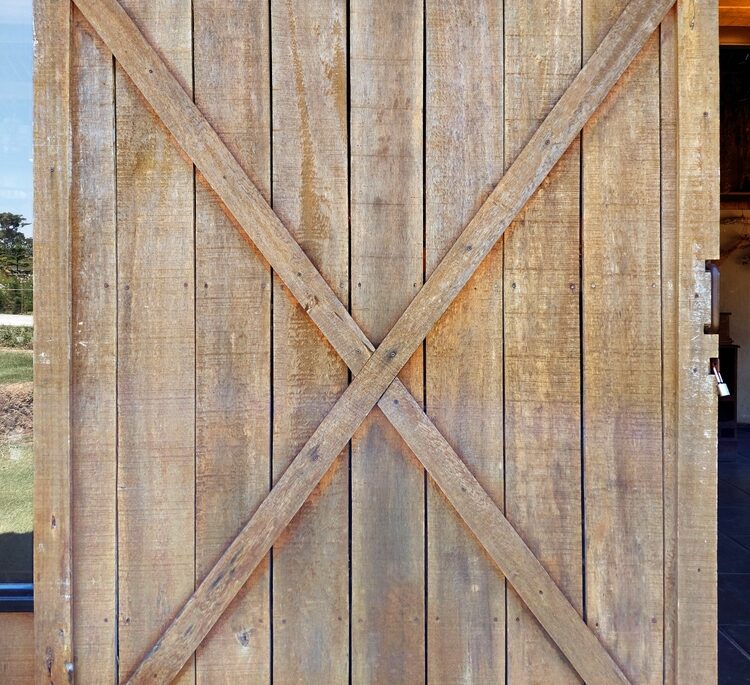 Rustic and distressed sliding barn door.