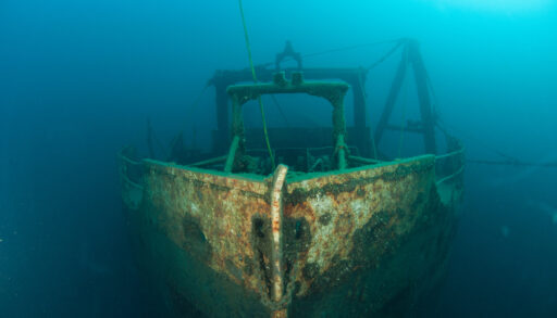 Shipwreck decaying at the bottom of the ocean.