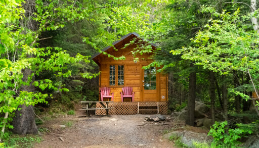 Small wooden off-the-grid cabin in the woods.