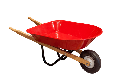 Garden wheelbarrow cart isolated on white background, yardwork tools