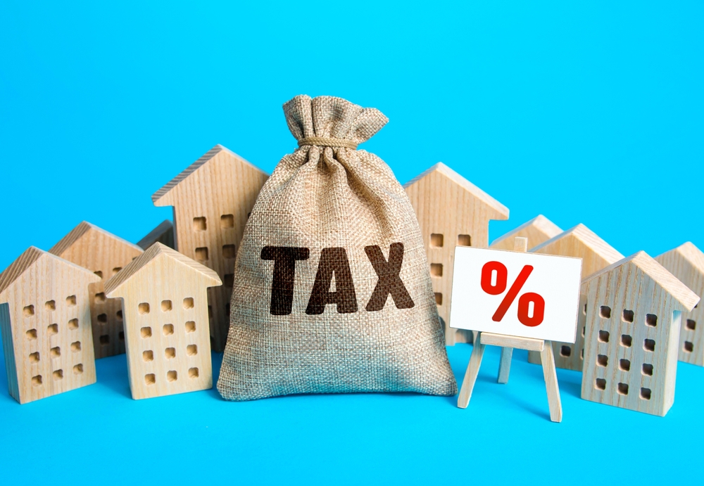 tax bag with wooden houses around it