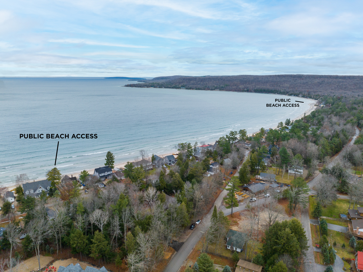 Overhead view of an area of shoreline on Georgian Bay. Two labels that read "Public beach access" point to spots along the shore.