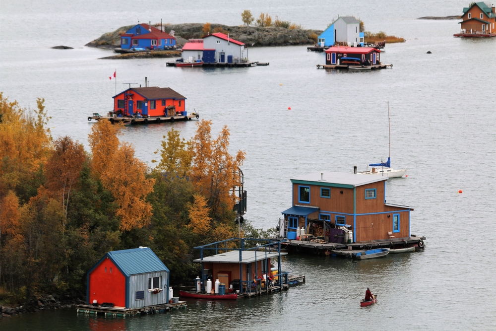 Autumn in Yellowknife, Northwest Territories of Canada. View to the House Boats in the Yellowknife Bay of the Great Slave Lake.