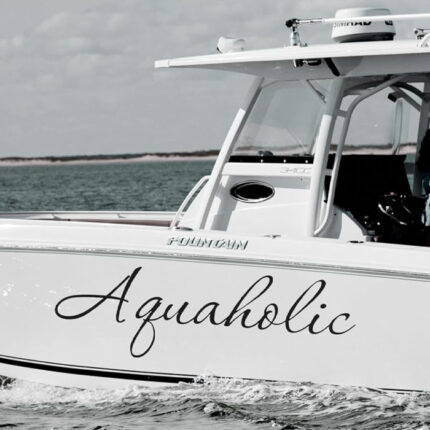 a boat with a decal on it with the word"aquaholic"
