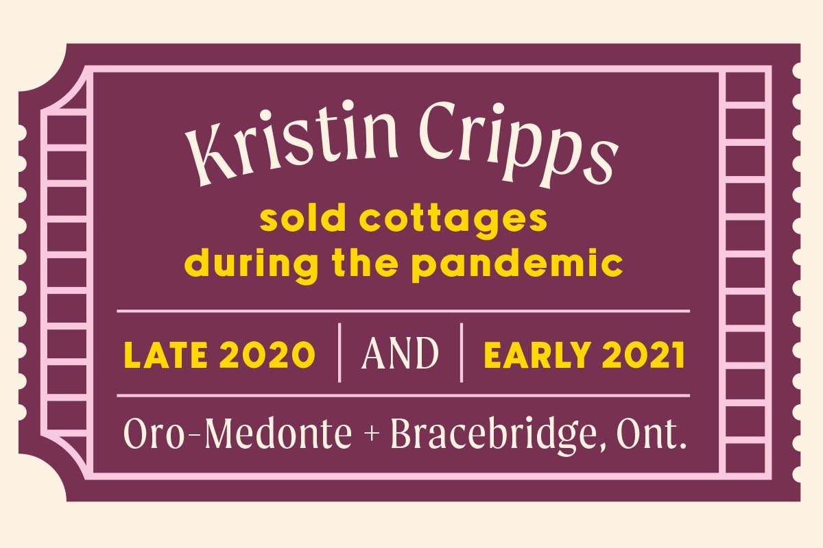 A purple movie ticket reads "Kristin Cripps sold cottages during the pandemic in late 2020 and early 2021, in Oro-Medonte and Bracebridge, Ontario
