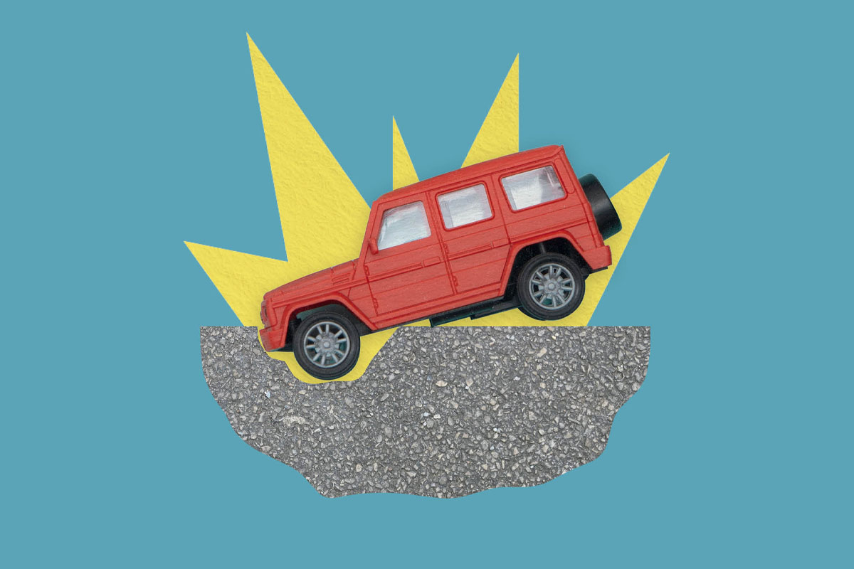 An illustration of a car falling into a huge pothole