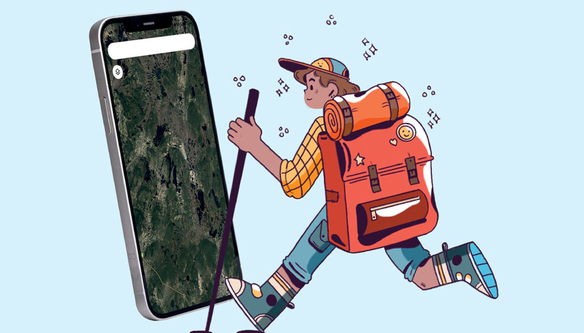 Illustration showing a hiker next to an iPhone with SOS satellite feature