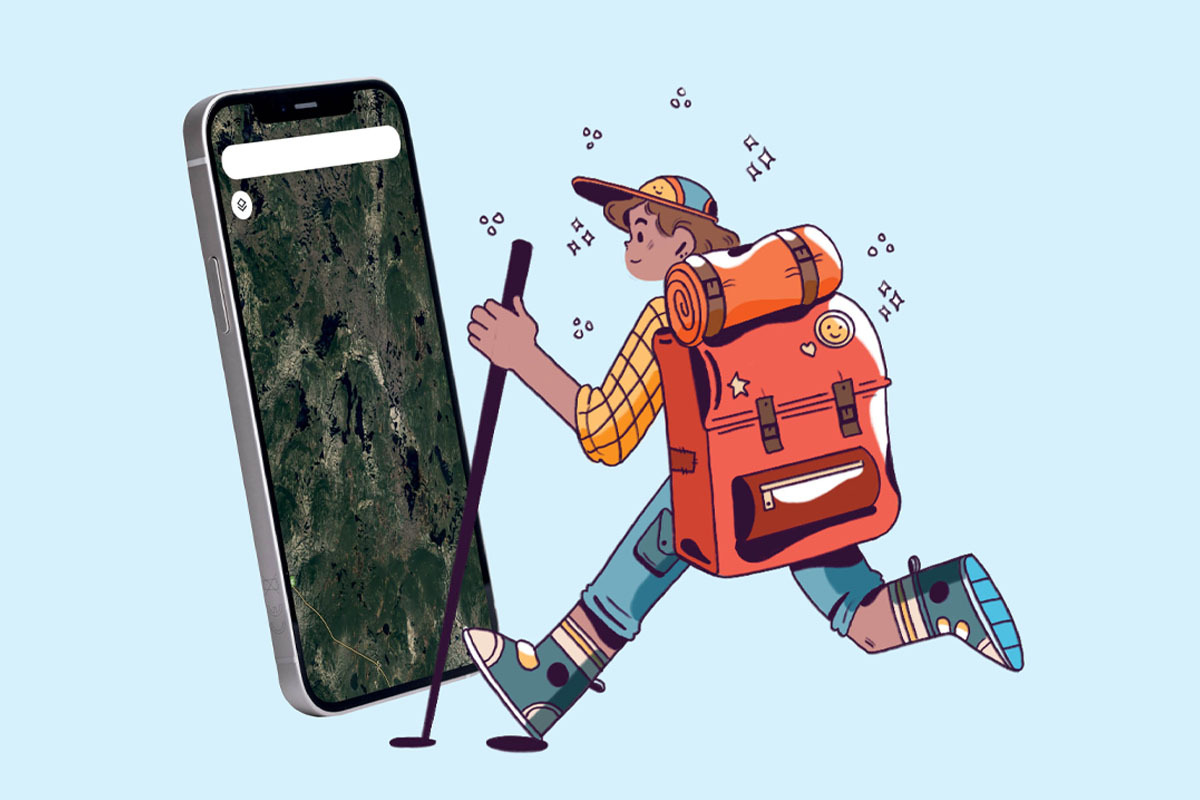 Illustration showing a hiker next to an iPhone with SOS satellite feature
