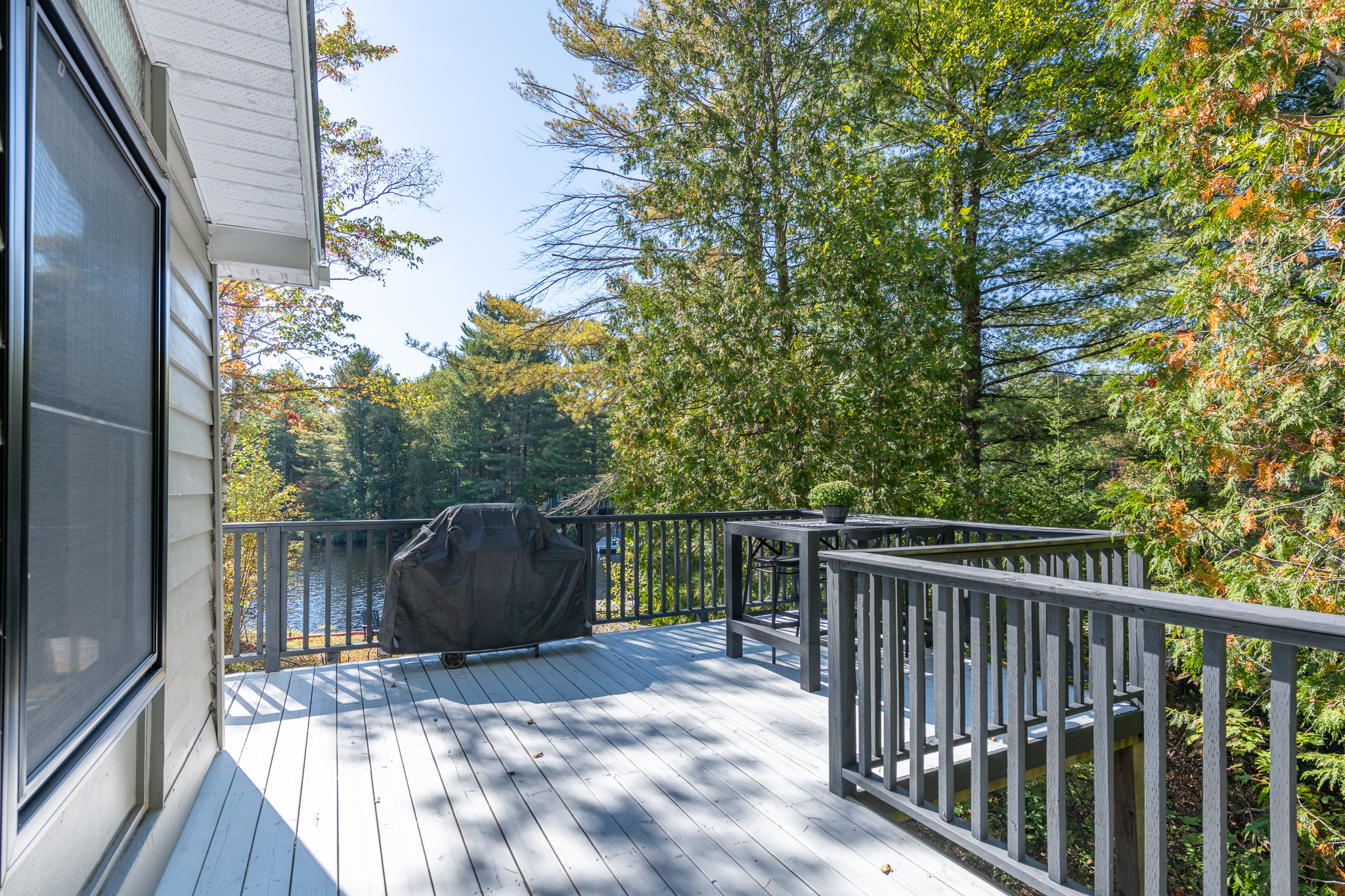 A large deck with a covered barbecue face a lake