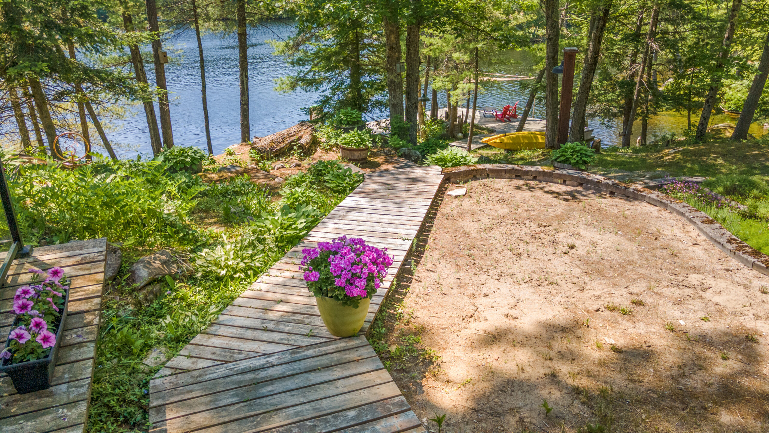 Wood steps lead down to the lake