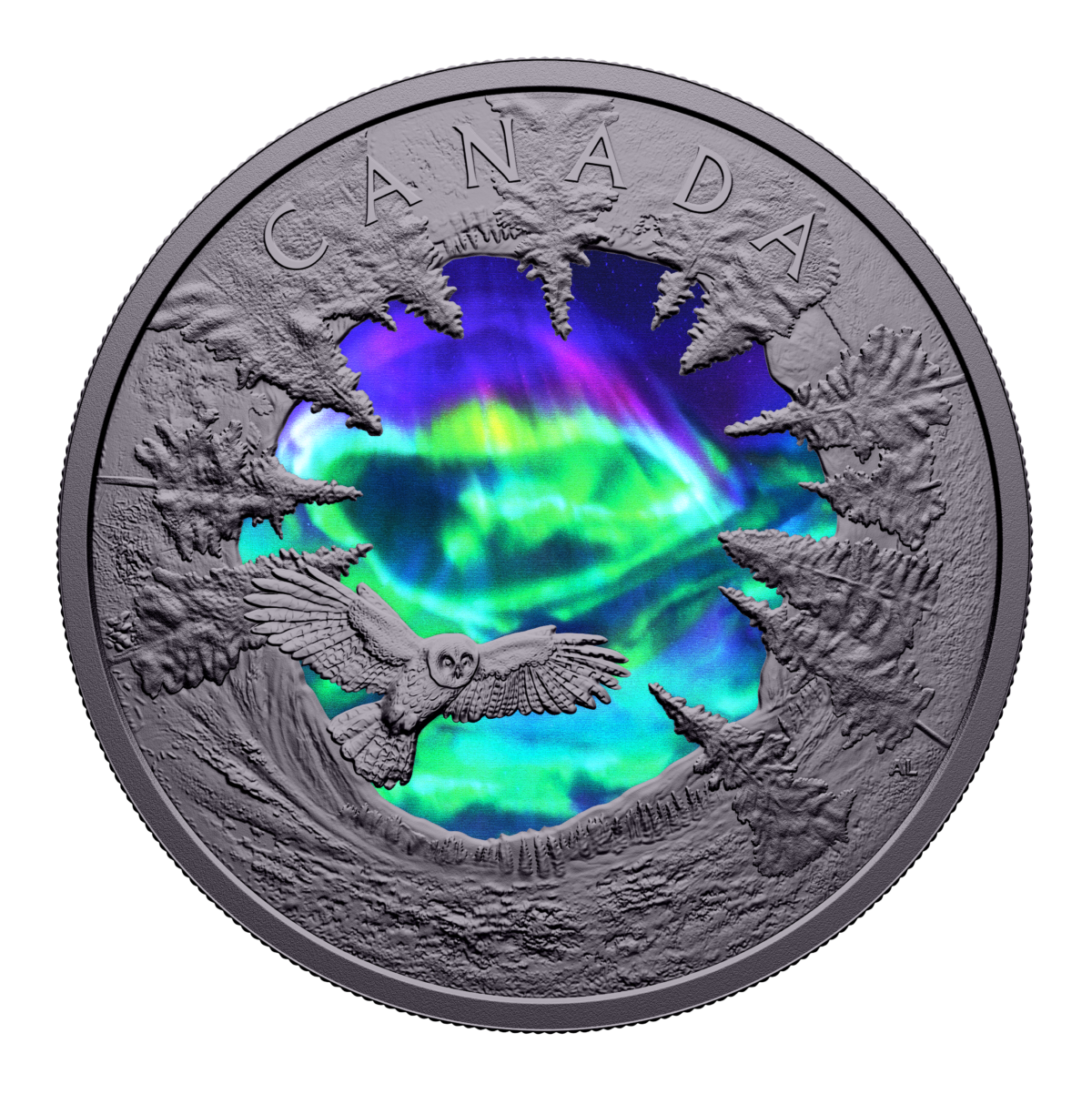 A collector coin featuring the northern lights, a great grey owl, and wilderness landscape