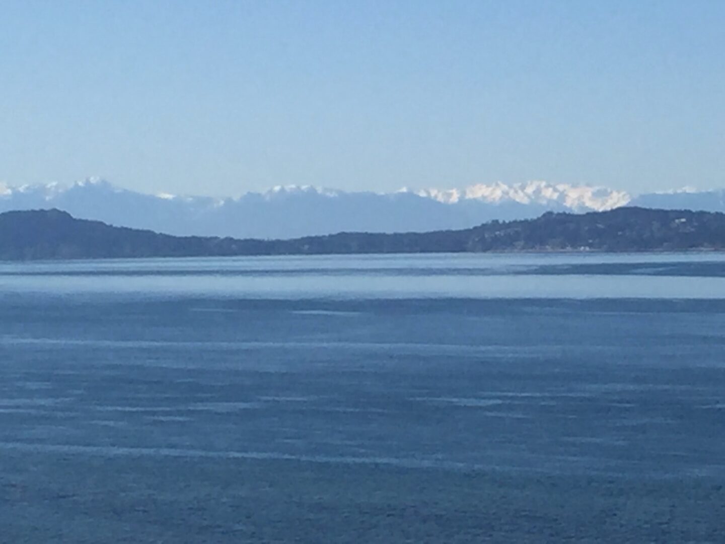 Expansive view of ocean and snow-capped Olympic Mountains across the water