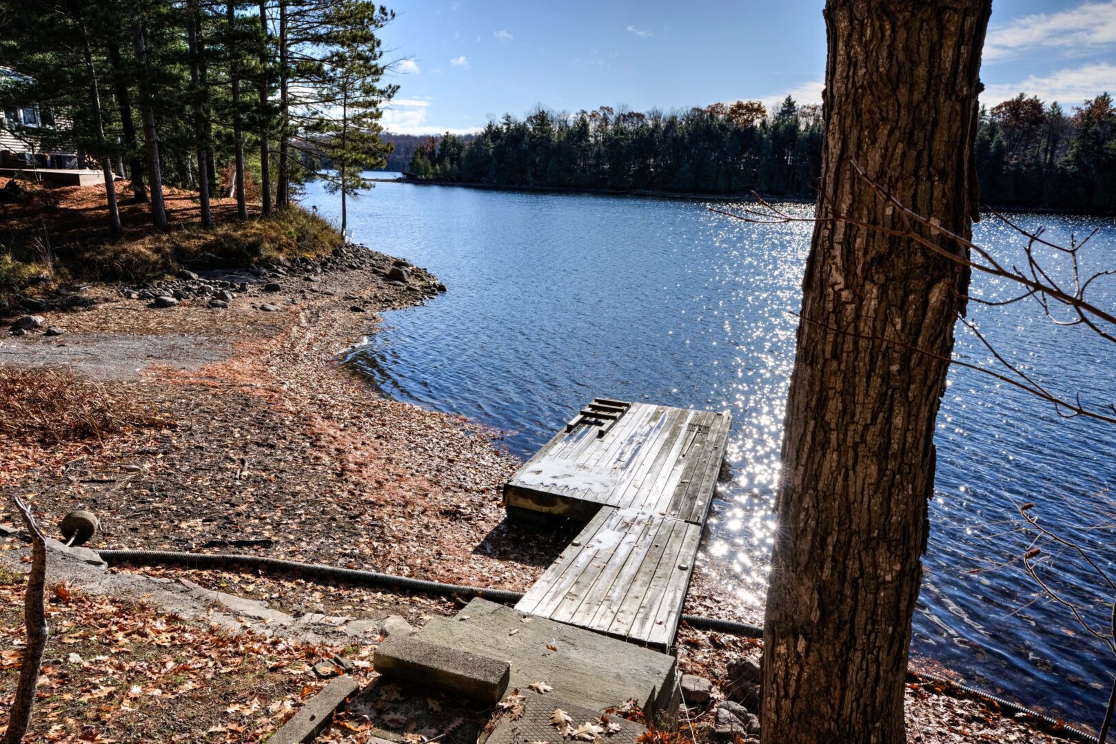 A dock in a blue lake