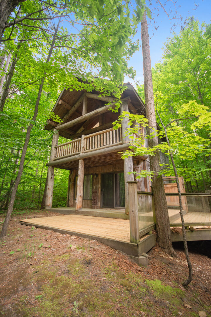 A wood treehouse-style guest cabin