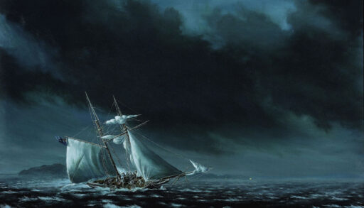 A painting showing the HMS Speedy battling bad weather in a storm