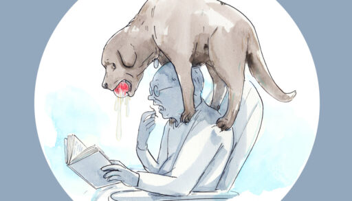 An illustration showing a dog with a slobbering ball over a reading man's shoulder
