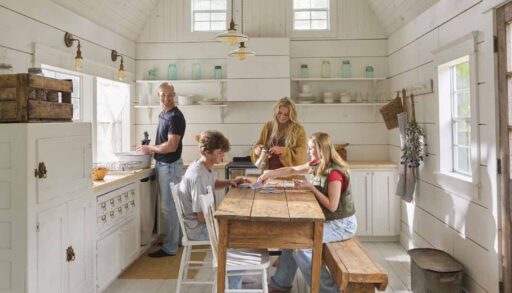 The McDonald family in their shed kitchen