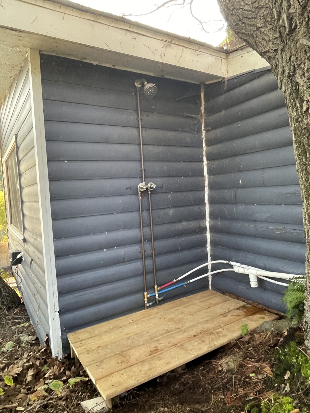 An outdoor shower attached to a blue wood paneled building