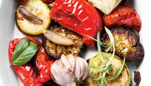 roasted vegetables in a baking dish